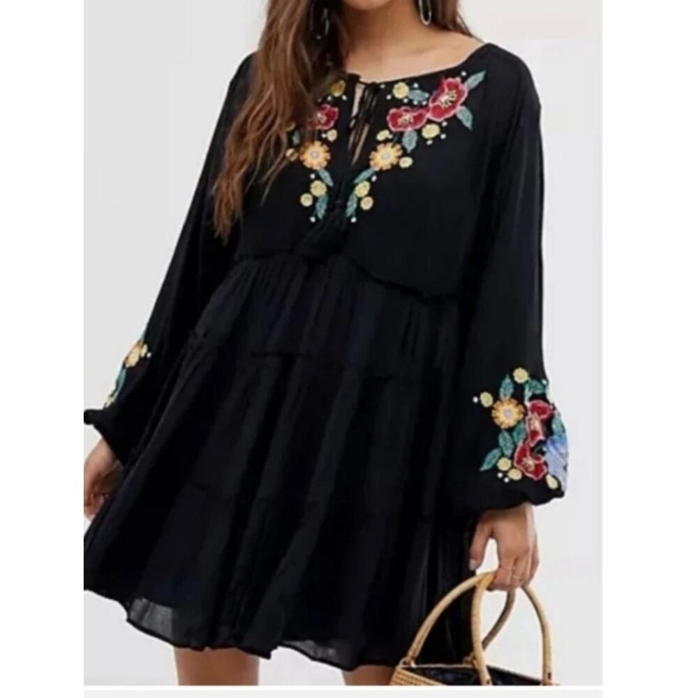 Free People Spell Black Embroider Mini Dress L Boho Whimsigoth Fairy Grunge Flaw